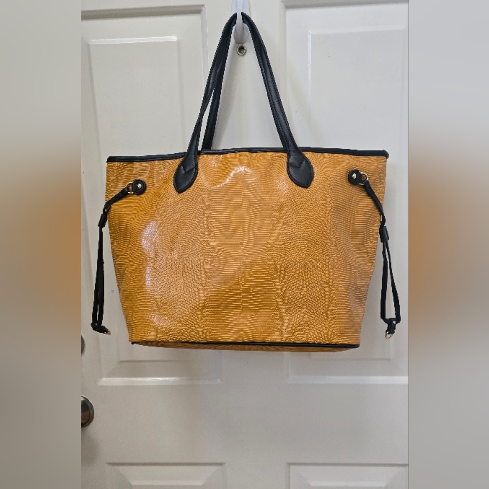 Urban Expressions Glossy Mustard Yellow Tote Bag with Black Trim 11"x12"x 7"